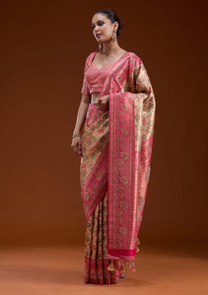 Beige Stonework Silk Silk_Saree-koskii