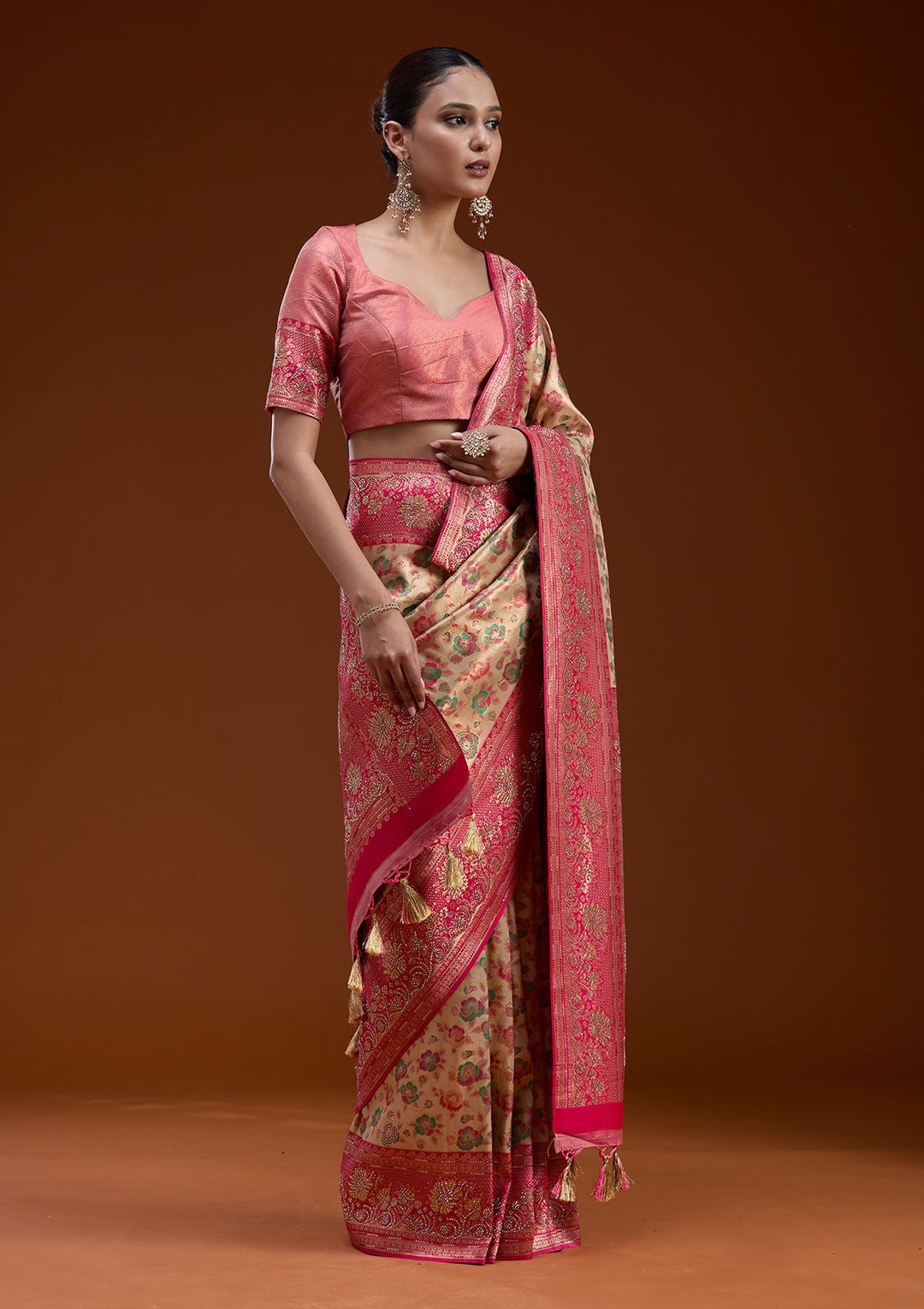Beige Stonework Silk Silk_Saree-koskii