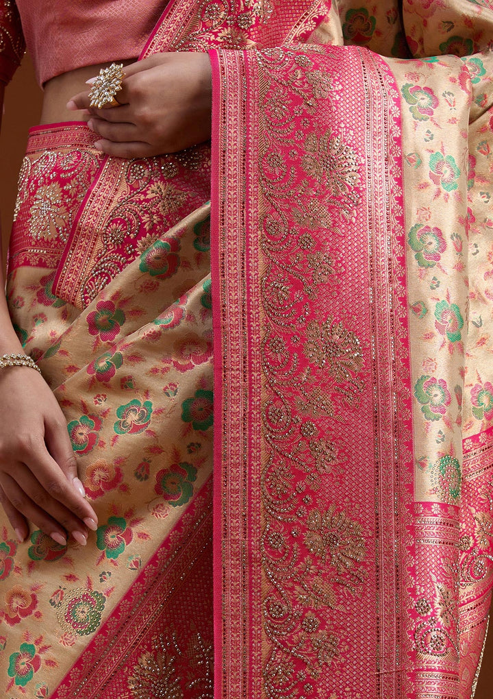 Beige Stonework Silk Silk_Saree-koskii