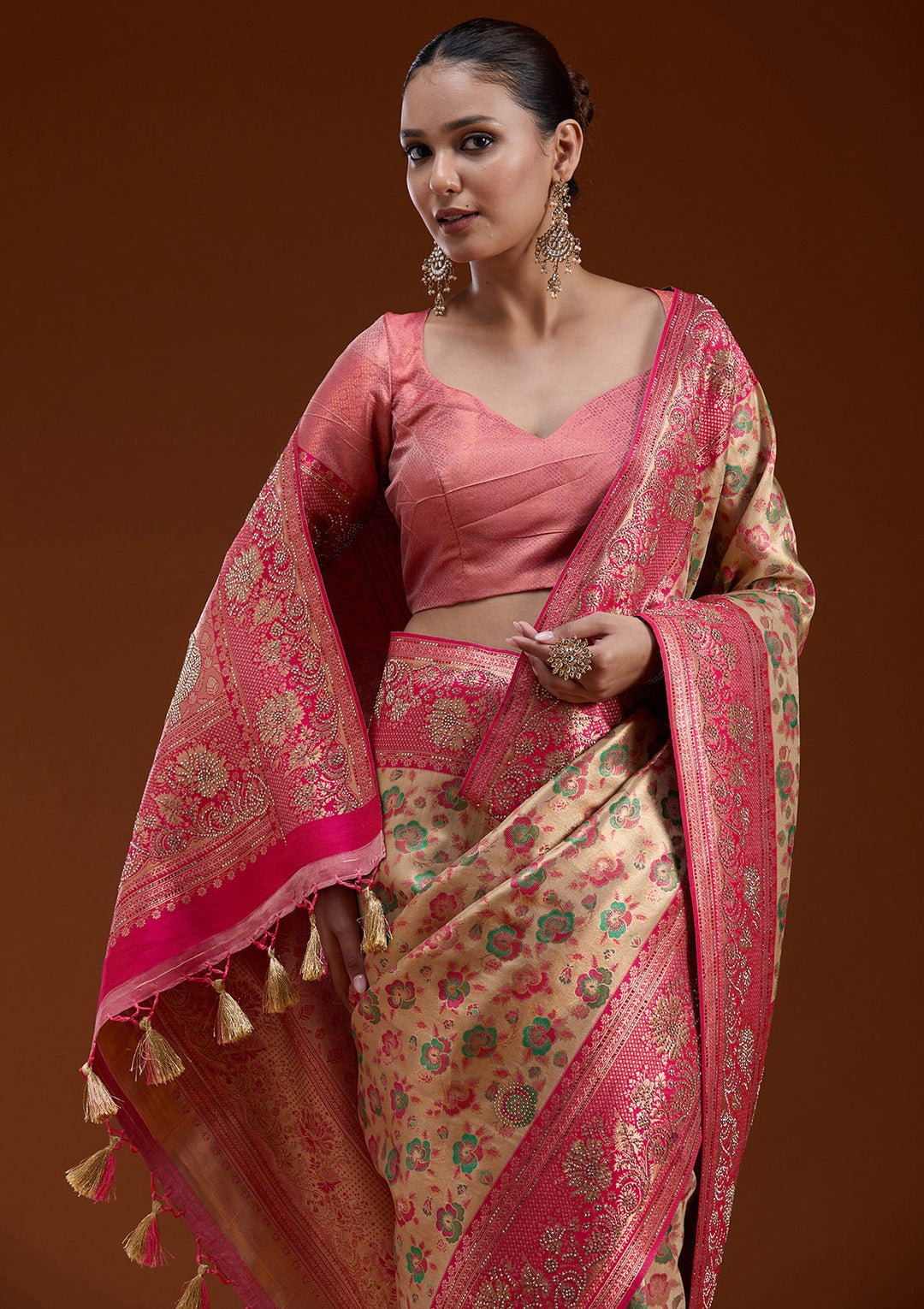 Beige Stonework Silk Silk_Saree-koskii