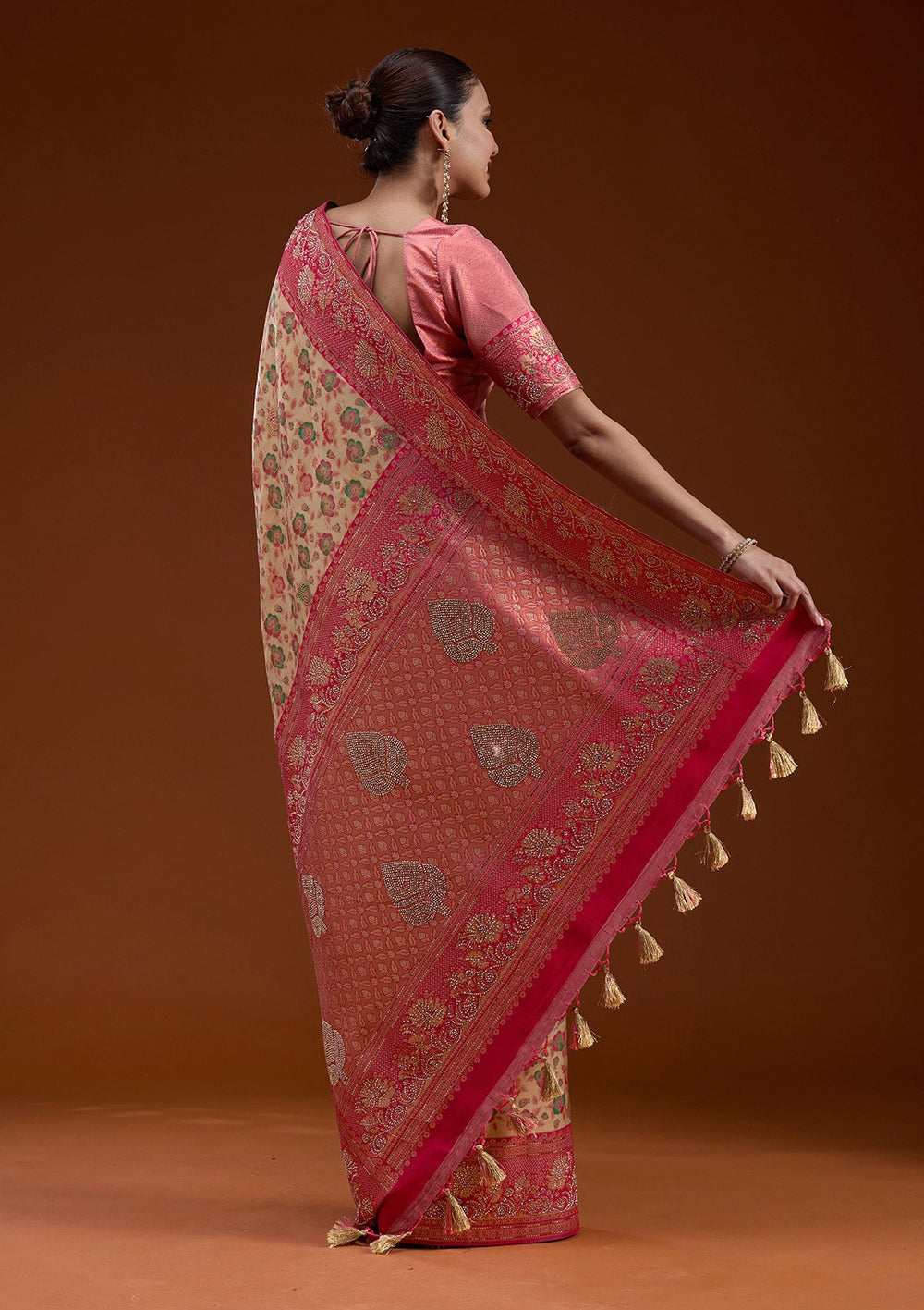 Beige Stonework Silk Silk_Saree-koskii