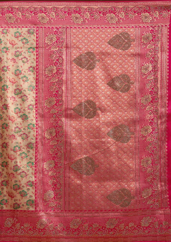 Beige Stonework Silk Silk_Saree-koskii