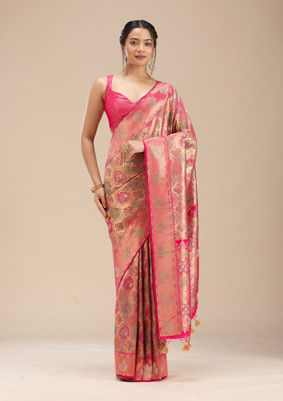 Rani Pink Stonework Silk Saree-Koskii