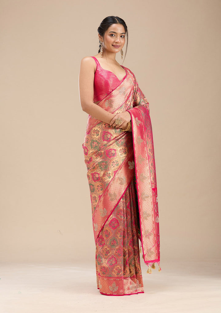 Rani Pink Stonework Silk Saree-Koskii