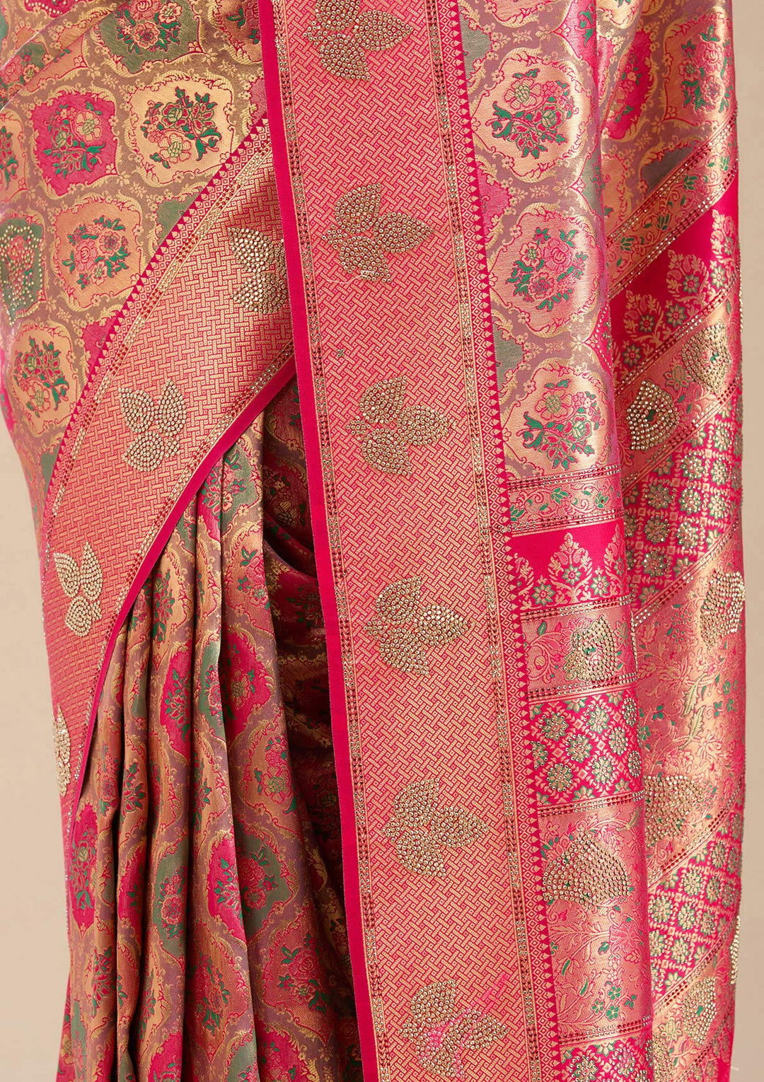Rani Pink Stonework Silk Saree-Koskii