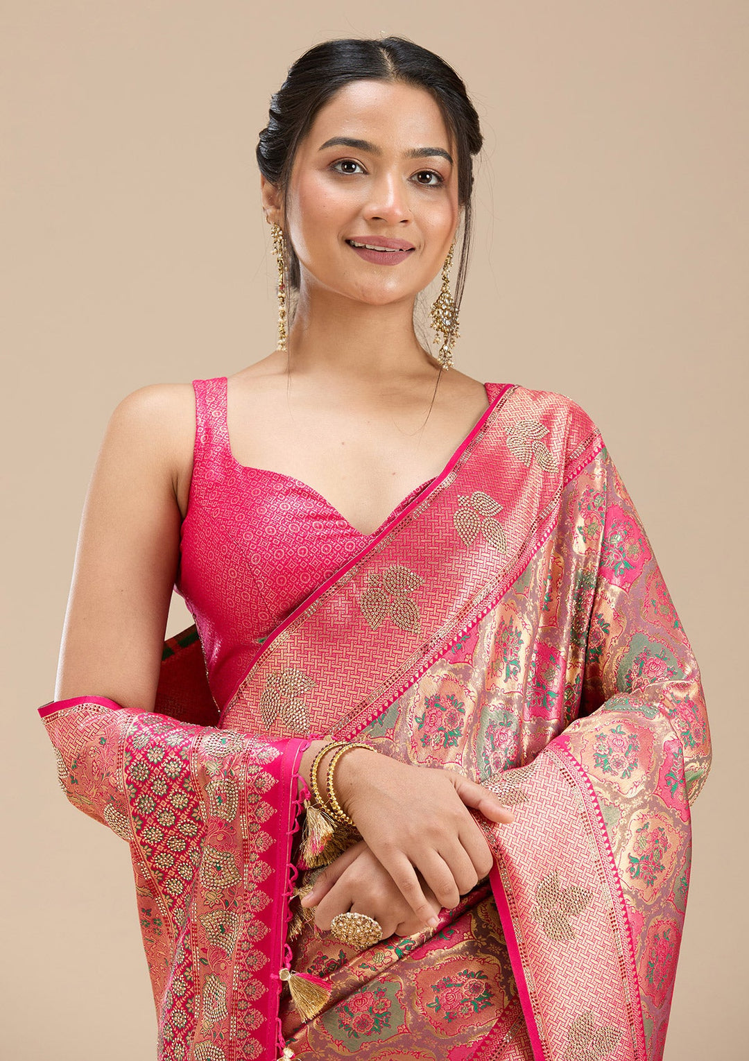 Rani Pink Stonework Silk Saree-Koskii