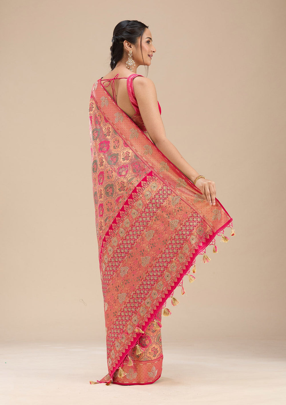 Rani Pink Stonework Silk Saree-Koskii