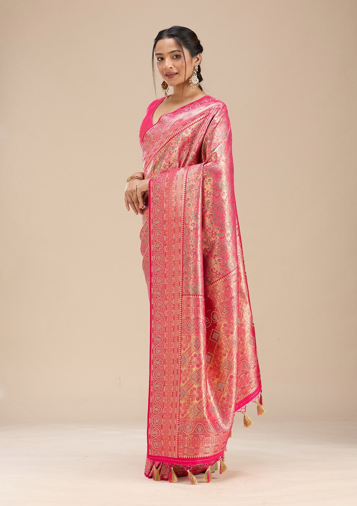 Rani Pink Stonework Silk Saree-Koskii