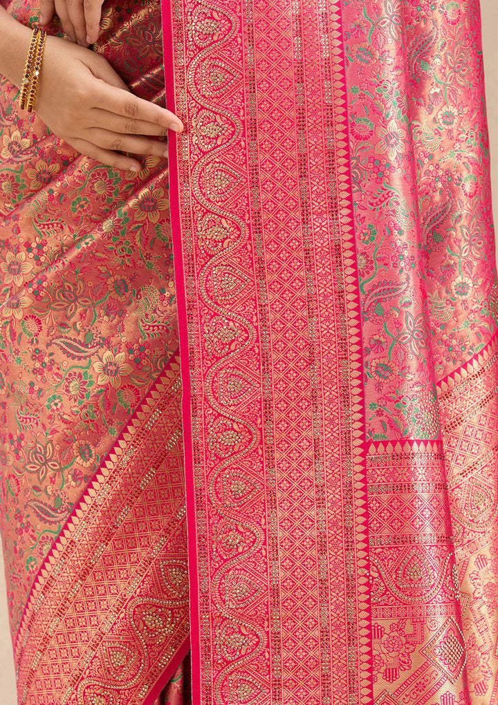 Rani Pink Stonework Silk Saree-Koskii