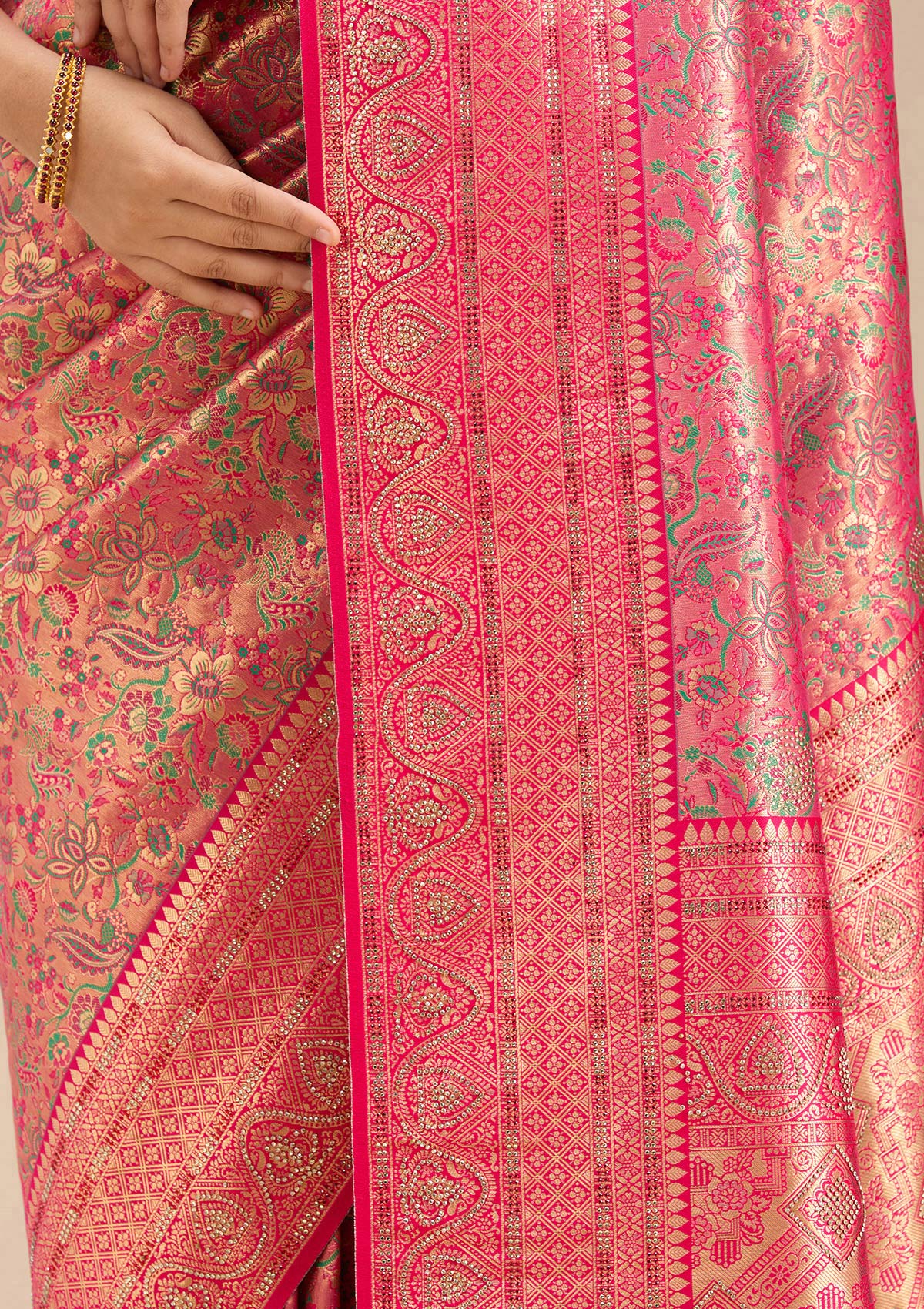 Rani Pink Stonework Silk Saree-Koskii
