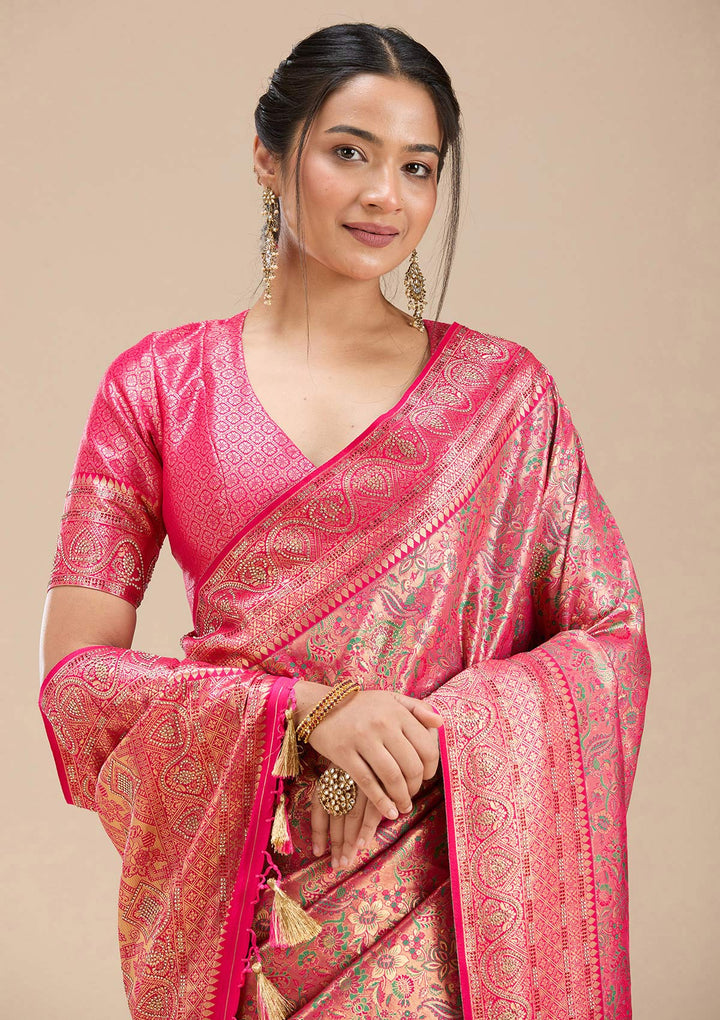 Rani Pink Stonework Silk Saree-Koskii