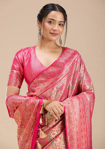 Rani Pink Stonework Silk Saree-Koskii