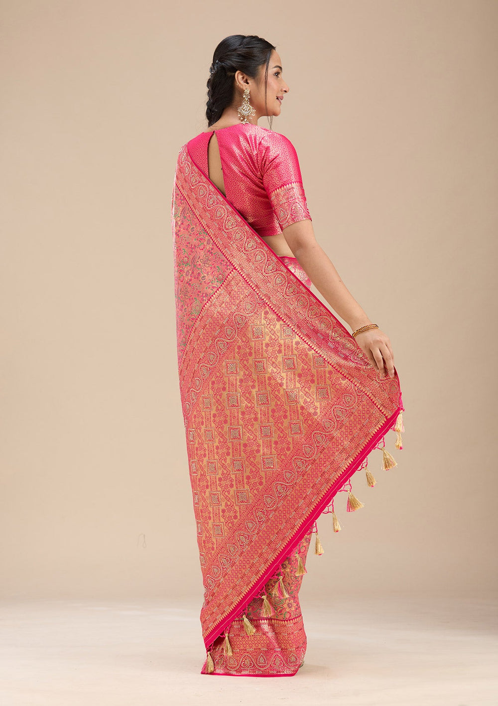 Rani Pink Stonework Silk Saree-Koskii