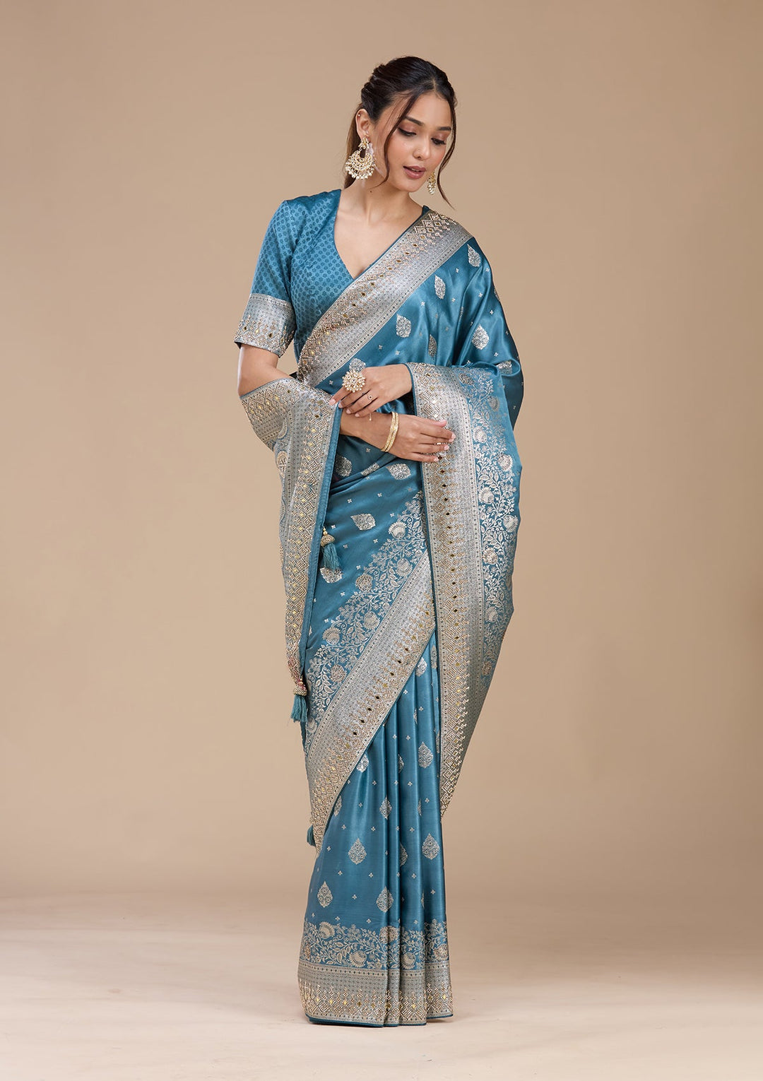 Navy Blue Stonework Silk_Saree-koskii
