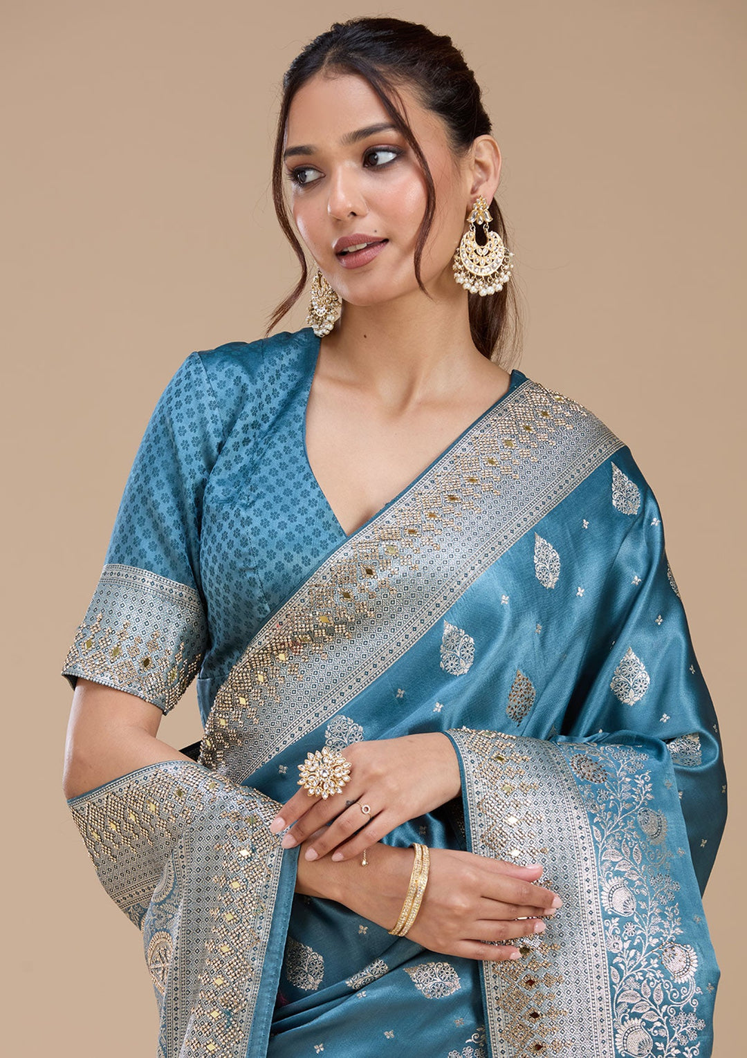 Navy Blue Stonework Silk_Saree_koskii