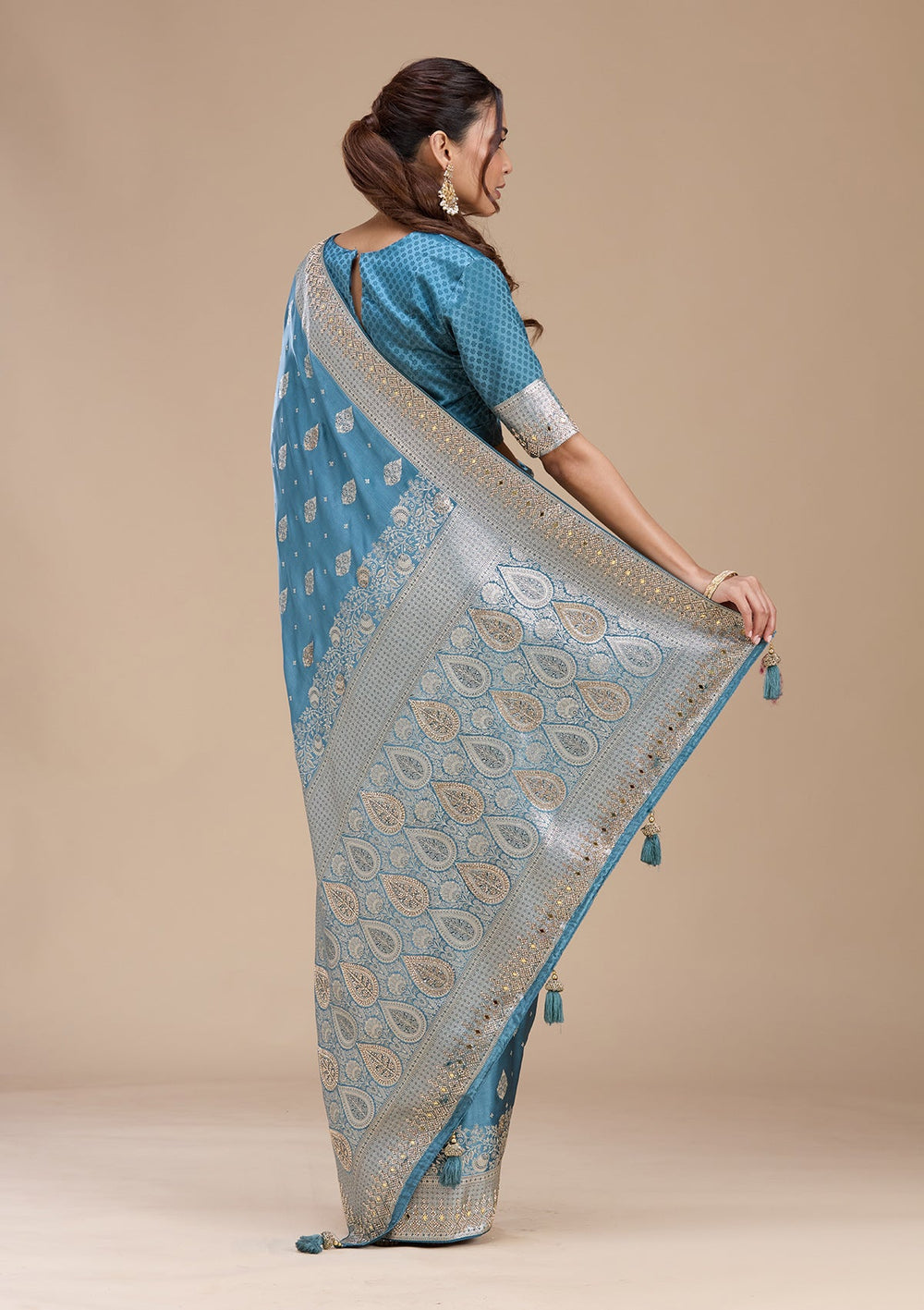 Navy Blue Stonework Silk_Saree-koskii