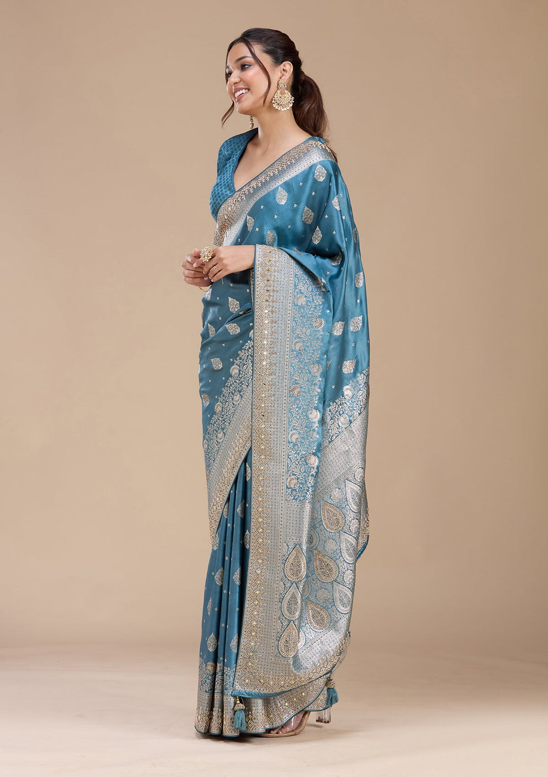 Navy Blue Stonework Silk_Saree_koskii