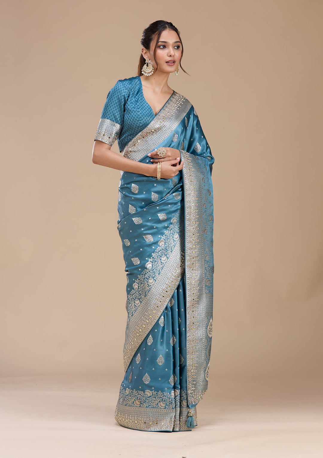 Navy Blue Stonework Silk_Saree_koskii
