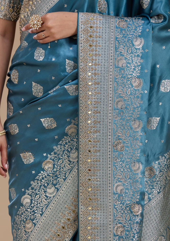 Navy Blue Stonework Silk_Saree_koskii