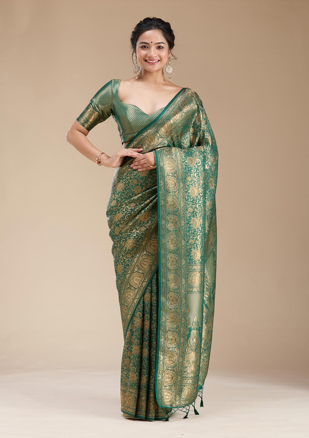 Bottle Green Banarasi Silk Saree-koskii