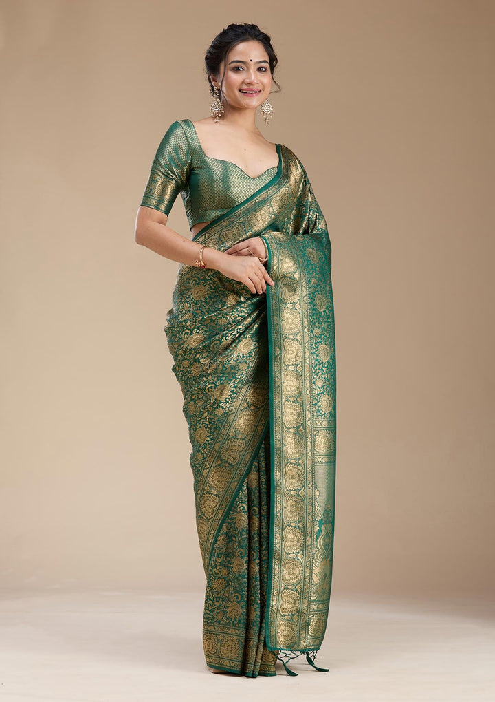Bottle Green Banarasi Silk Saree-koskii