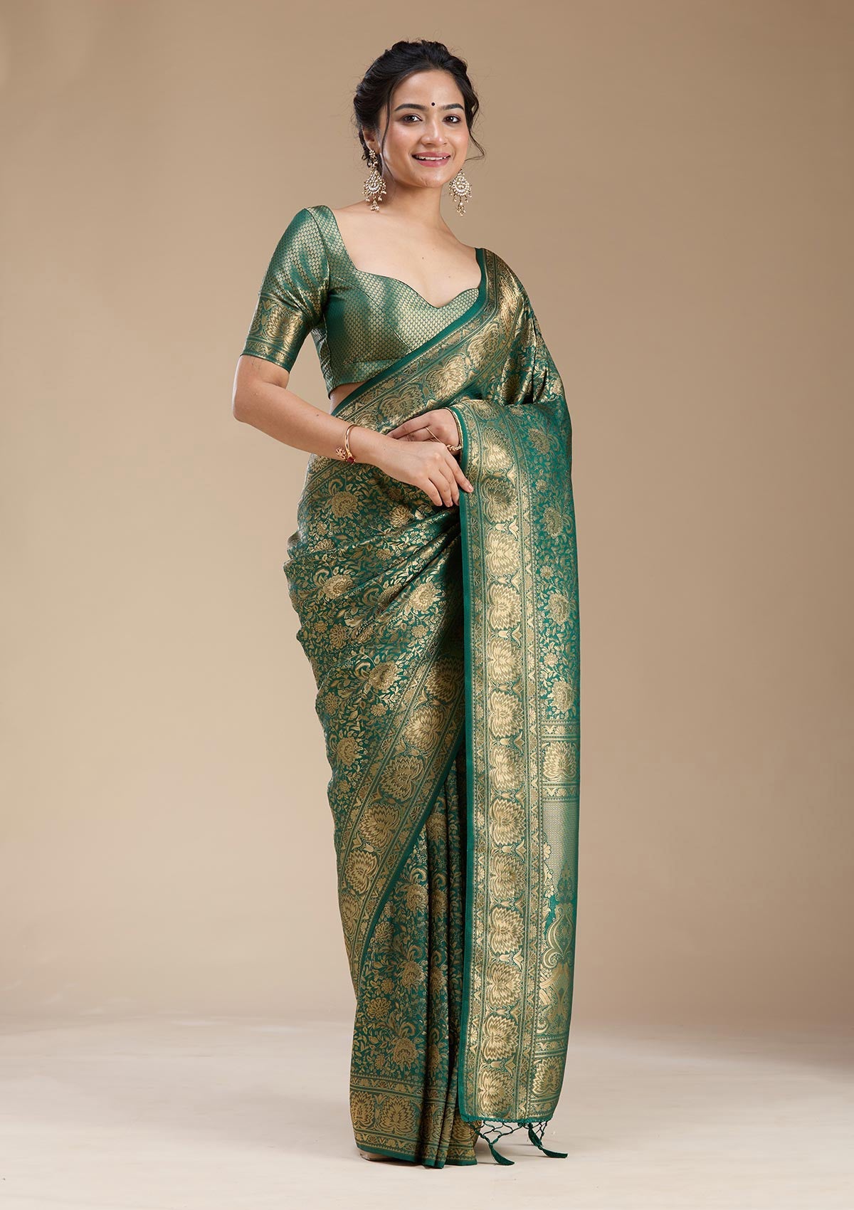 Bottle Green Banarasi Silk Saree-koskii