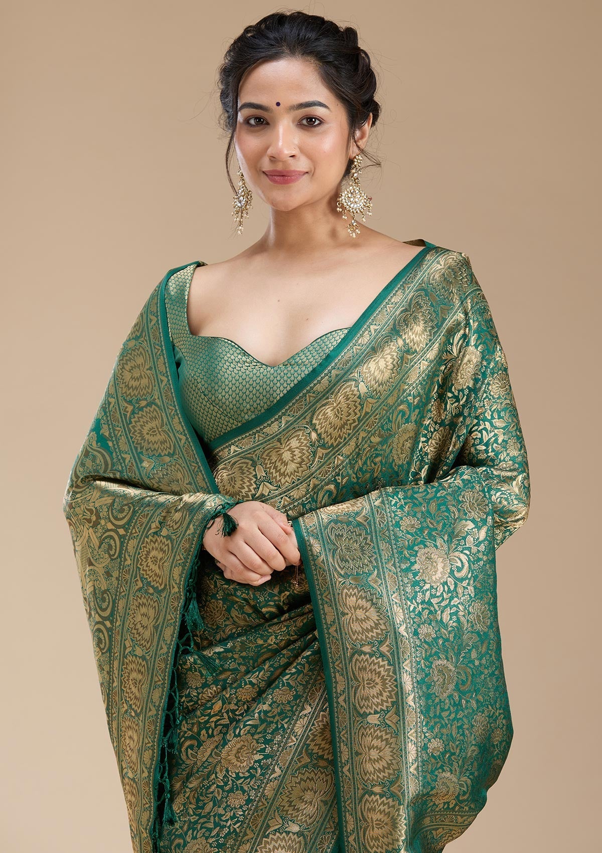 Bottle Green Banarasi Silk Saree-koskii