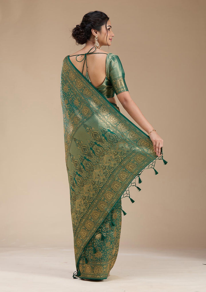 Bottle Green Banarasi Silk Saree-koskii