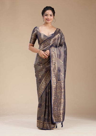 Navy Blue Banarasi Silk Saree-koskii
