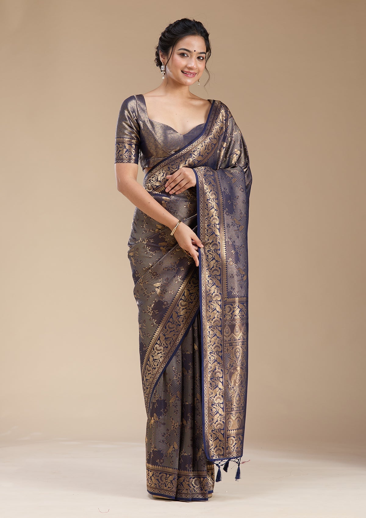 Navy Blue Banarasi Silk Saree-koskii