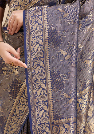 Navy Blue Banarasi Silk Saree-koskii