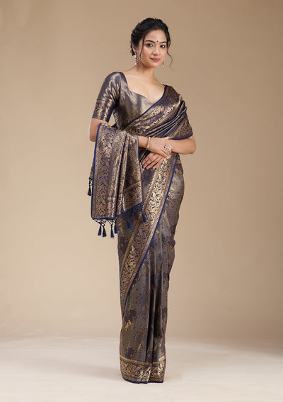Navy Blue Banarasi Silk Saree-koskii