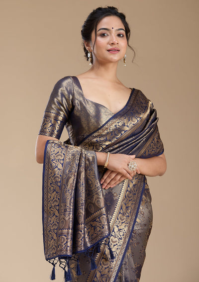 Navy Blue Banarasi Silk Saree-koskii