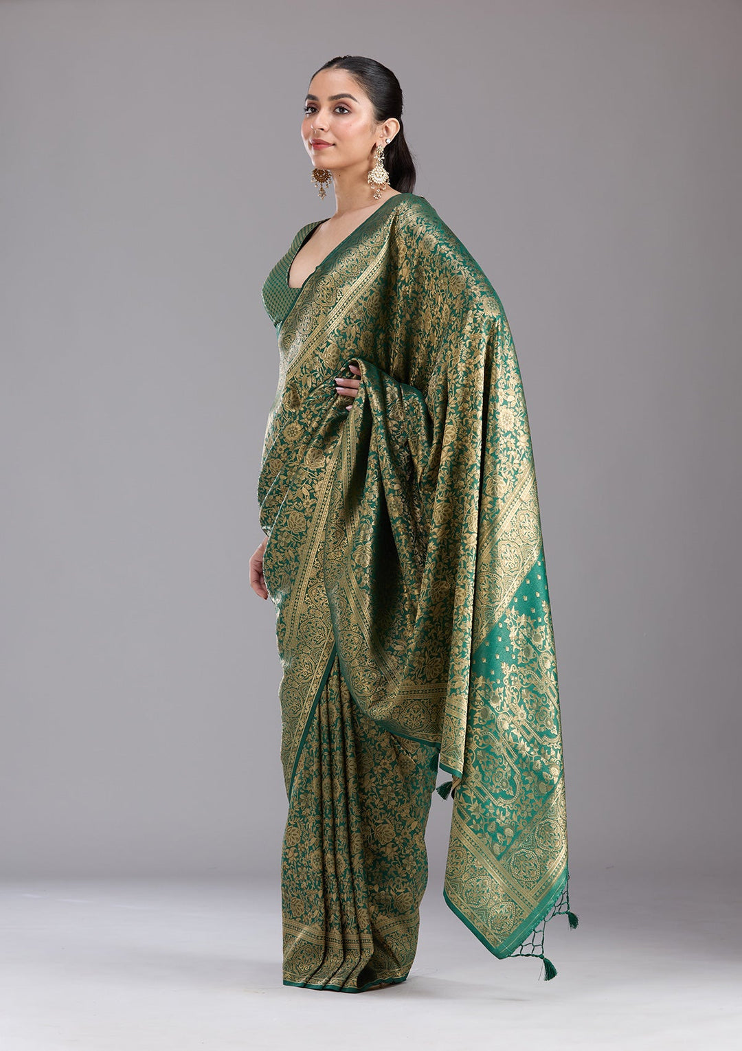 Bottle Green Zariwork Art Silk Saree-koskii