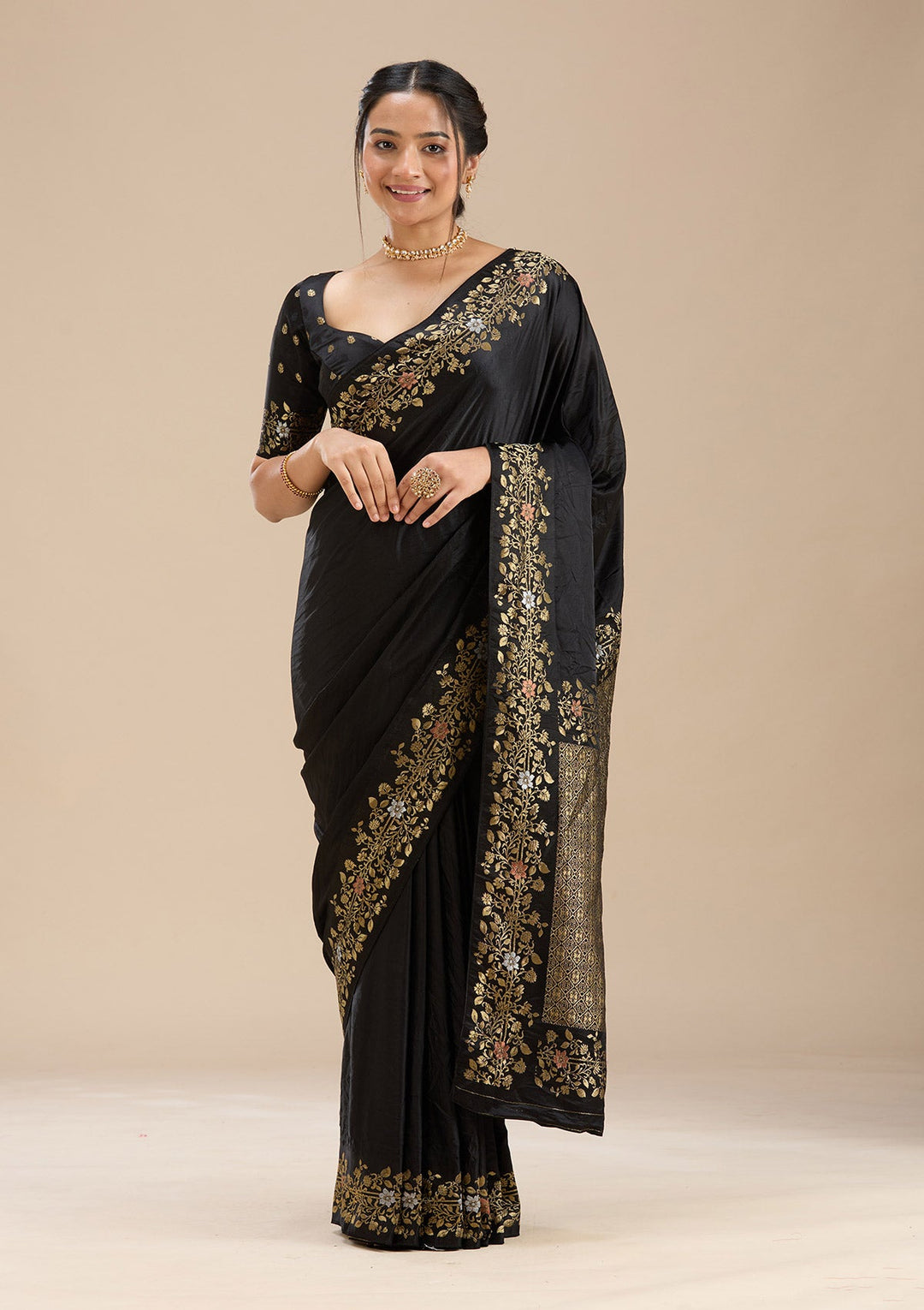 Black Banarasi Silk Saree-Koskii
