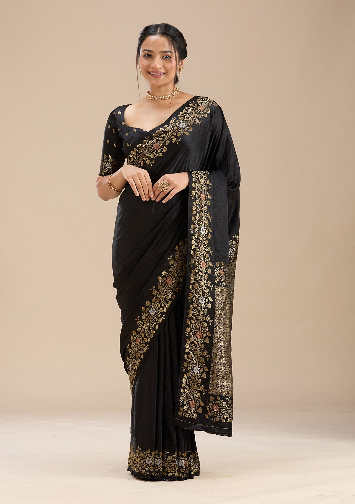 Black Banarasi Silk Saree-Koskii