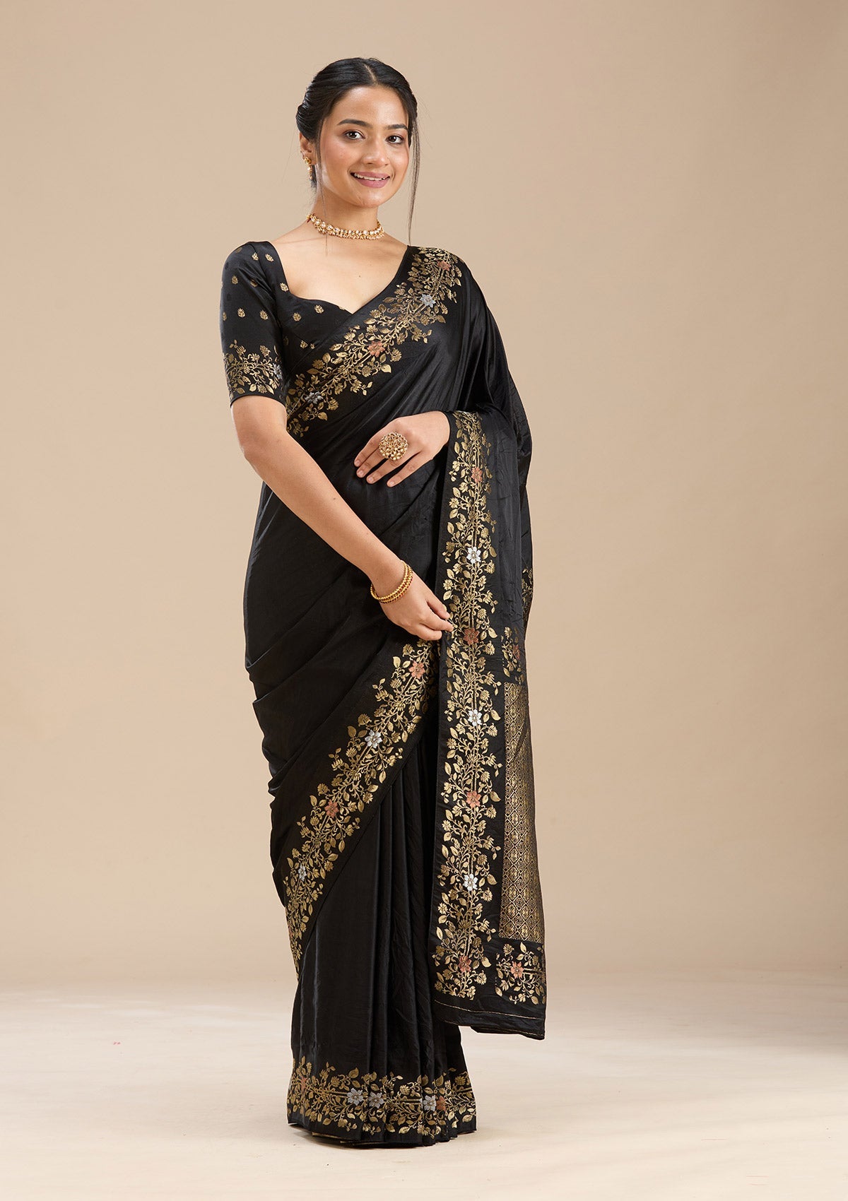 Black Banarasi Silk Saree-Koskii