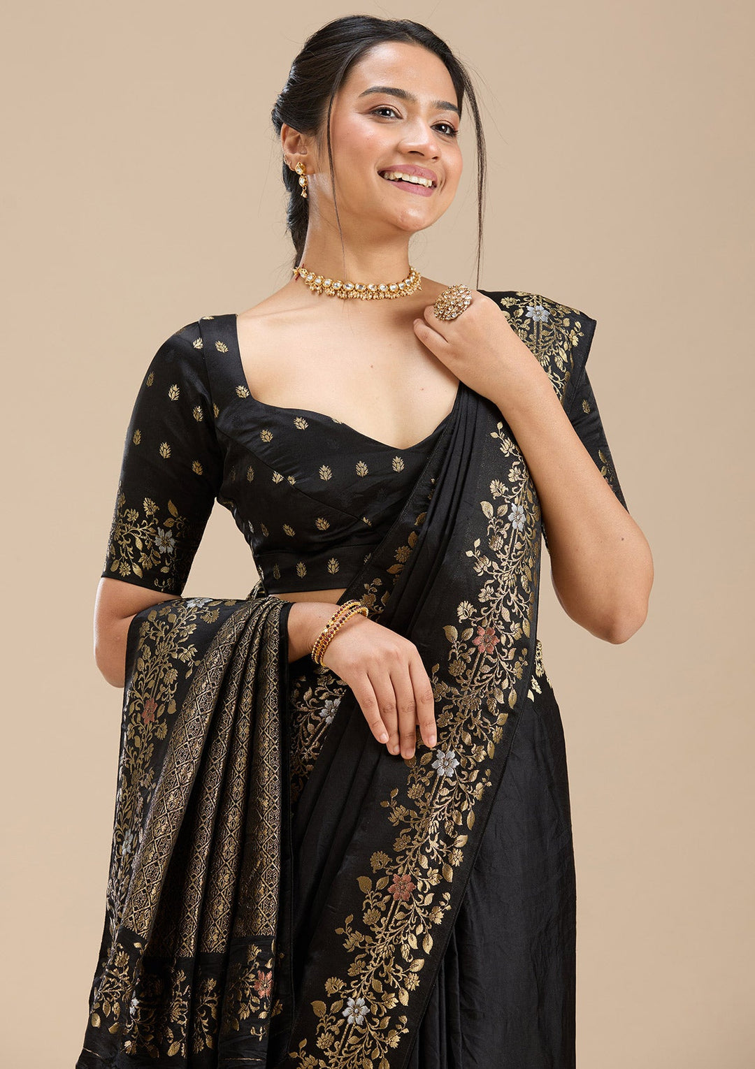 Black Banarasi Silk Saree-Koskii