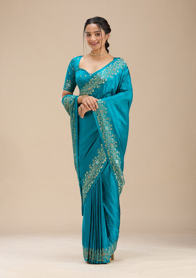 Peacock Blue Banarasi Silk Saree-Koskii