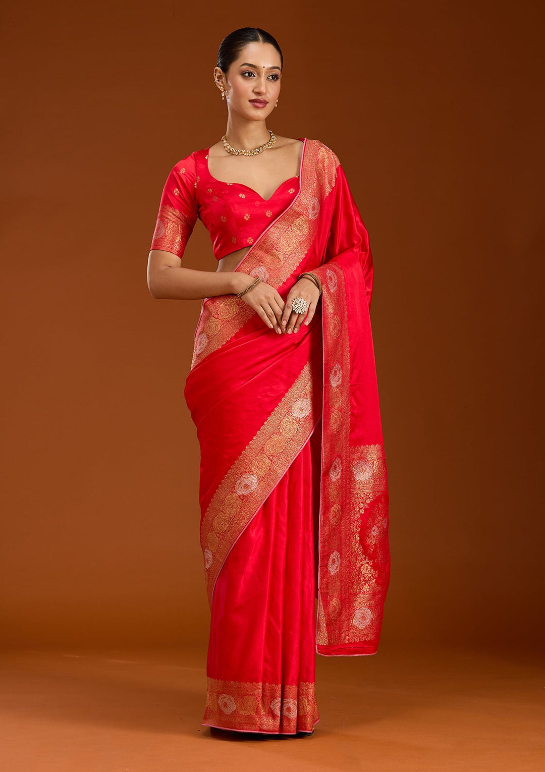 Red Zariwork Crepe Silk Saree-Koskii
