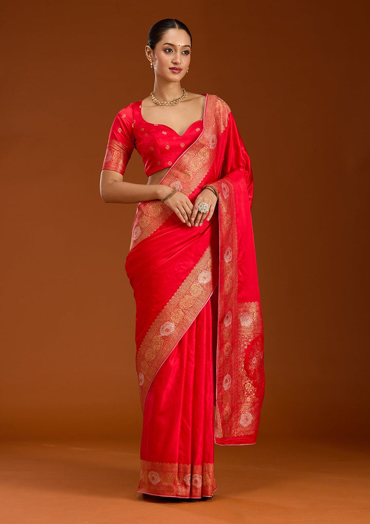 Red Zariwork Crepe Silk Saree-Koskii