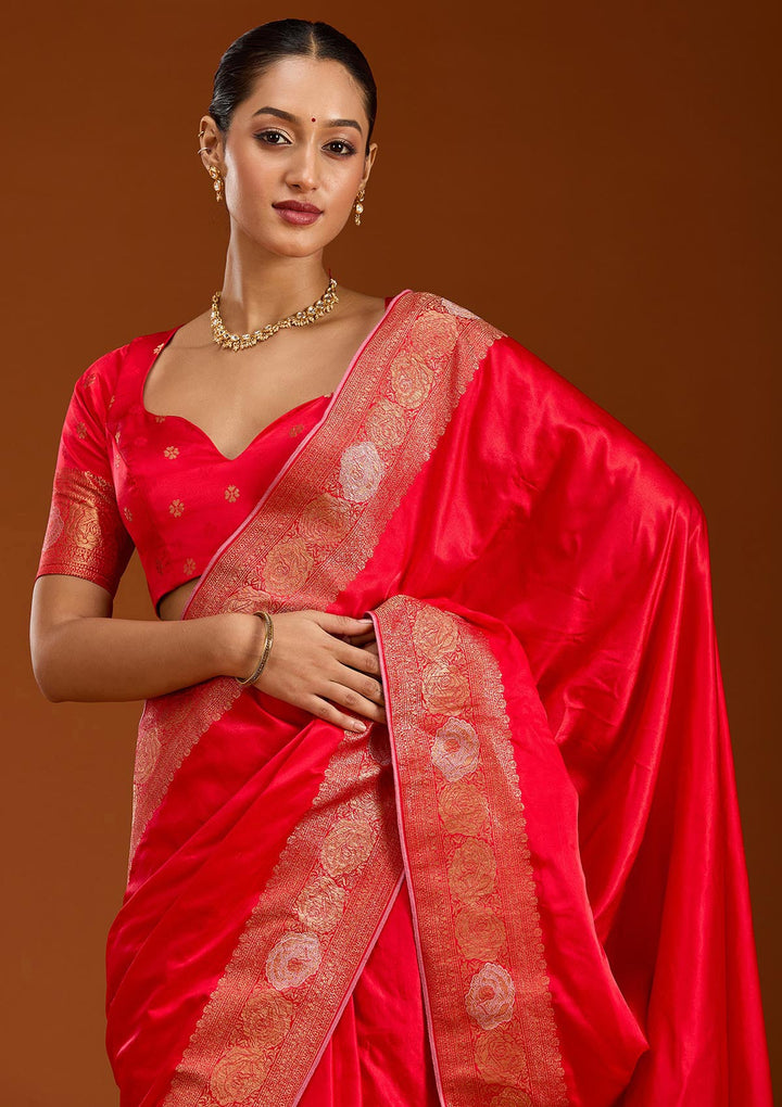 Red Zariwork Crepe Silk Saree-Koskii