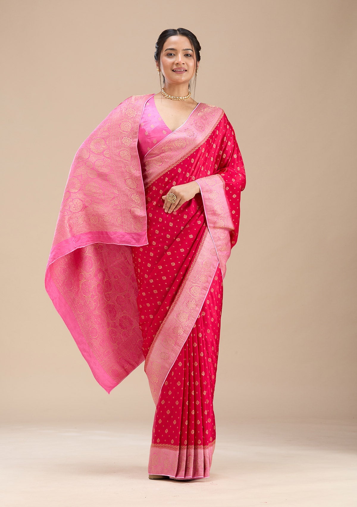 Rani Pink Banarasi Satin Silk Saree-Koskii