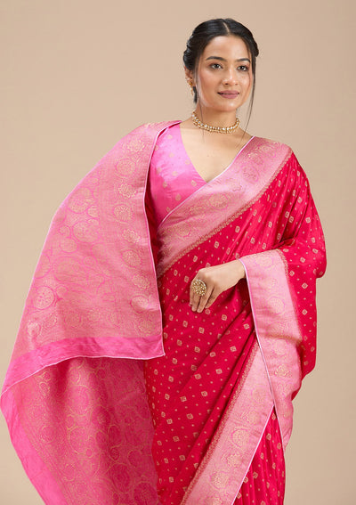 Rani Pink Banarasi Satin Silk Saree-Koskii