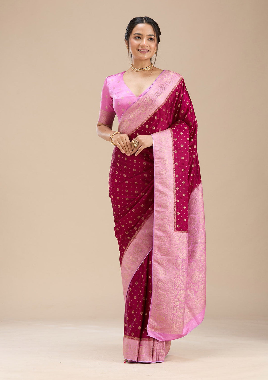 Wine Banarasi Satin Silk Saree-Koskii