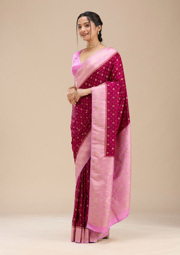 Wine Banarasi Satin Silk Saree-Koskii