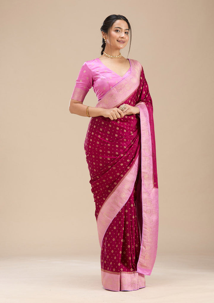 Wine Banarasi Satin Silk Saree-Koskii