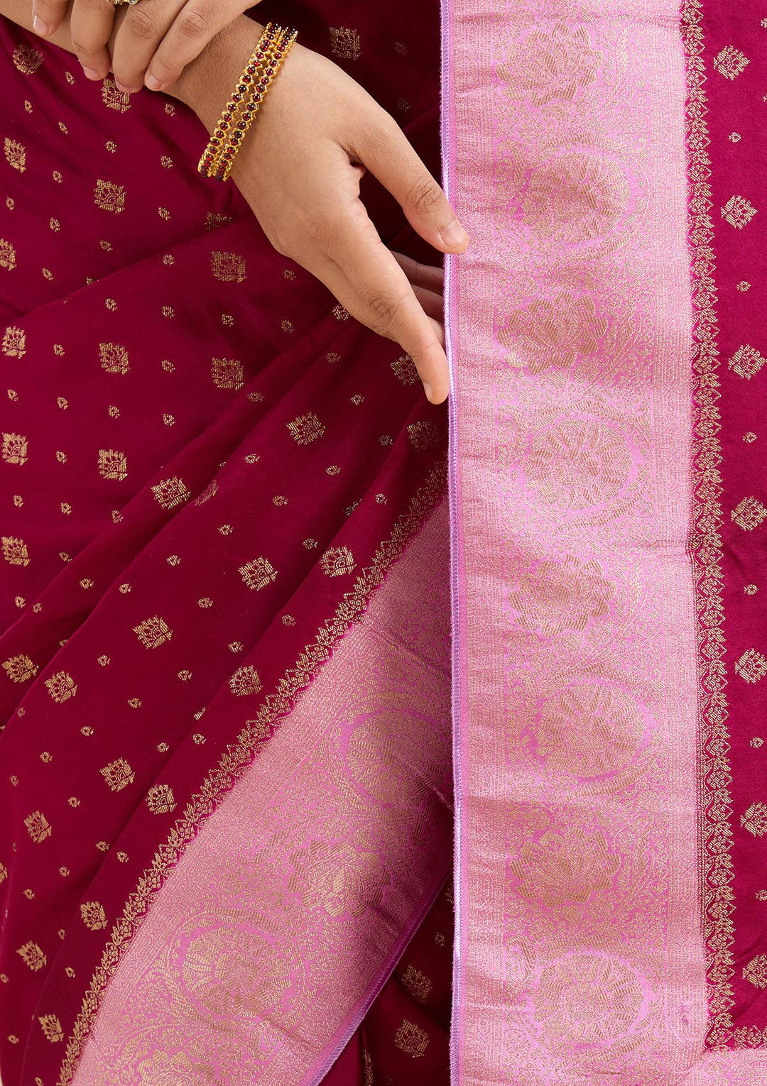 Wine Banarasi Satin Silk Saree-Koskii