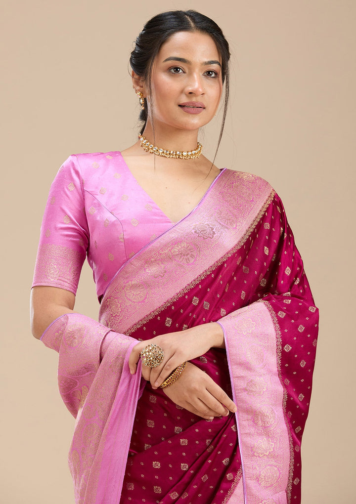 Wine Banarasi Satin Silk Saree-Koskii