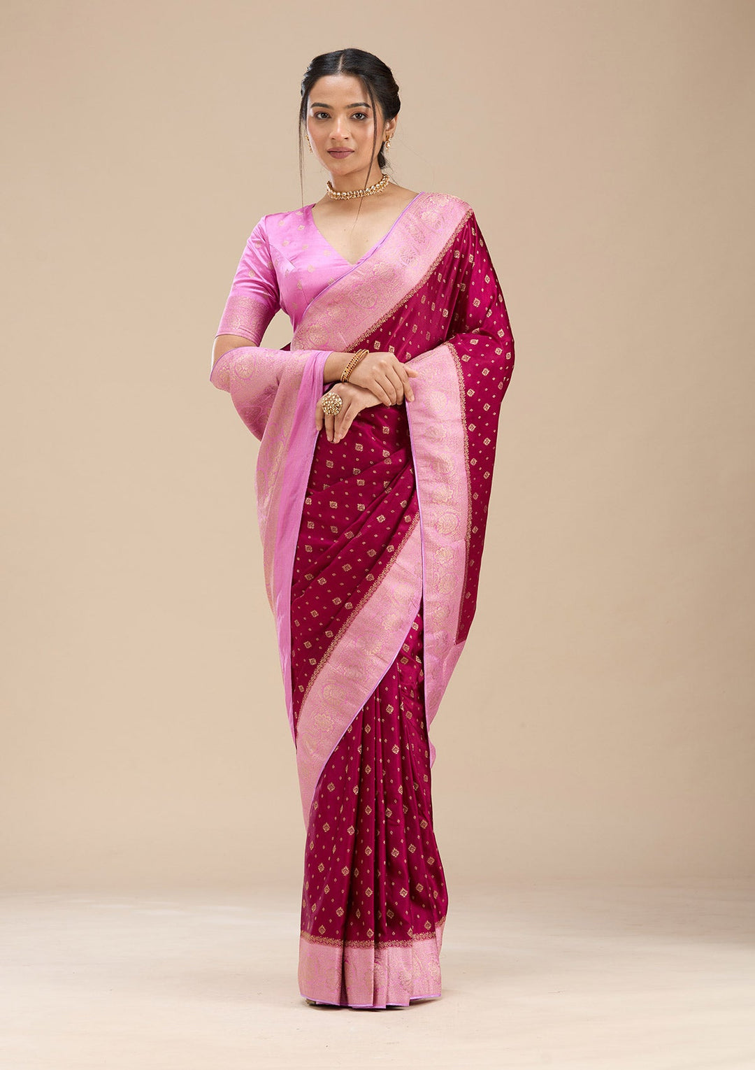 Wine Banarasi Satin Silk Saree-Koskii